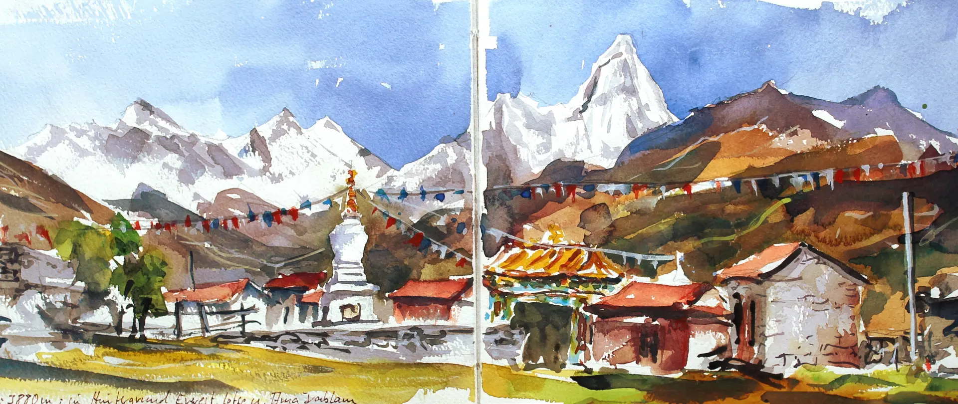 Berglandschaft mit buddhistischer Stupa, bunten Gebetsfahnen und traditionellen Gebäuden in Aquarelltechnik, kombiniert schnelle Skizze und detaillierte Ausarbeitung