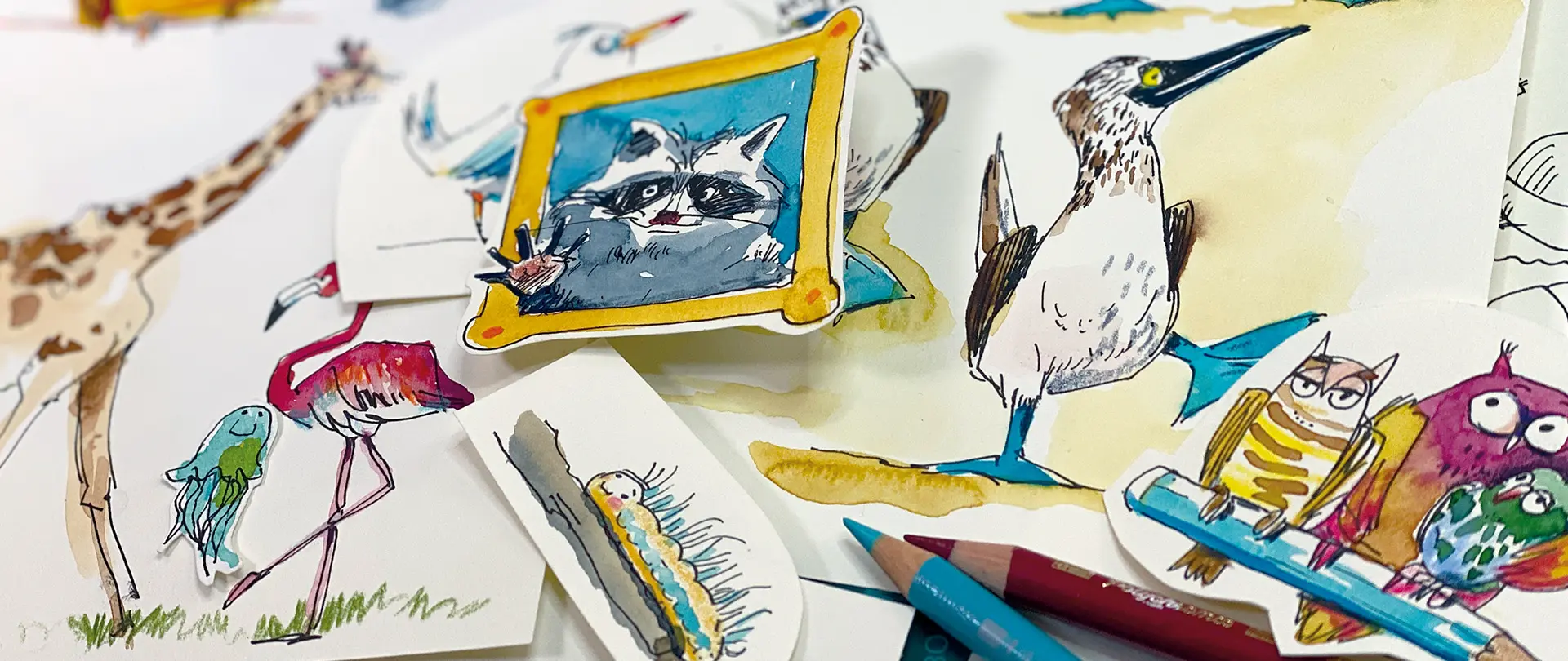 Bunte, handgezeichnete Tier-Skizzen von Waschbär, Eule, Möwe, Flamingo und anderen lustigen Tieren mit Buntstiften auf weißem Papier