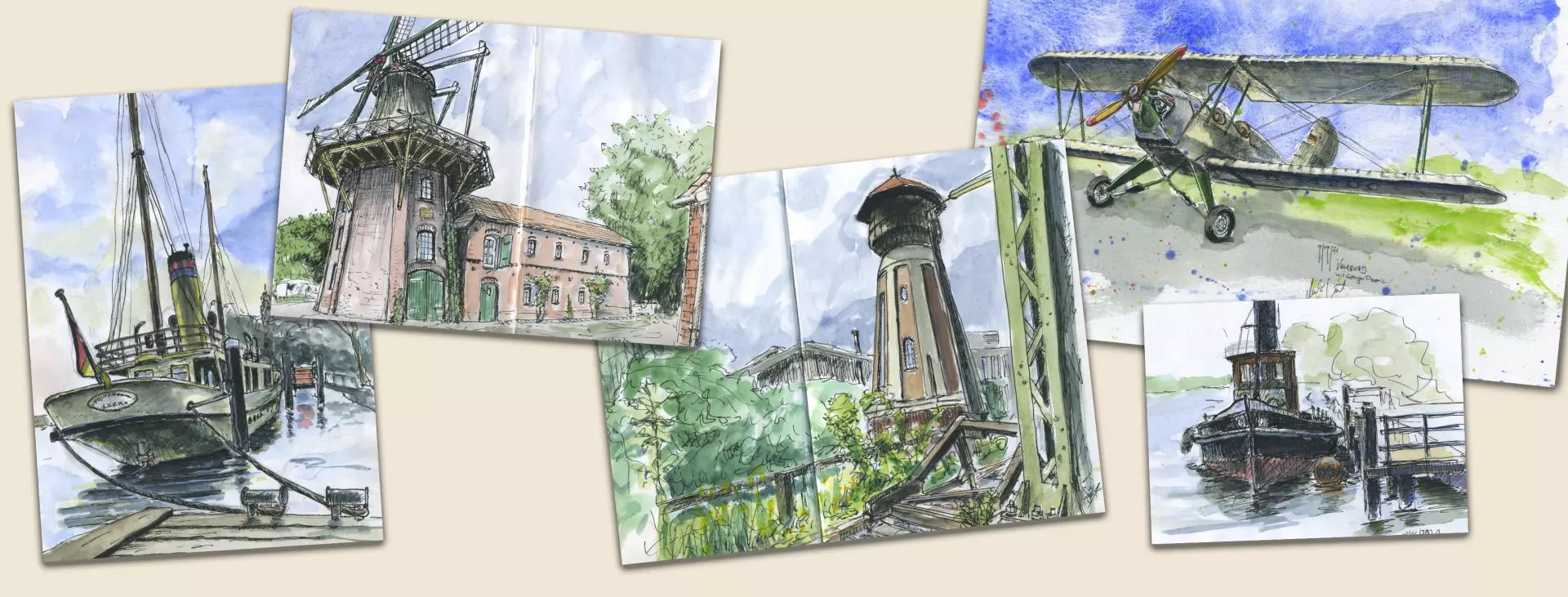 Skizzen von Industrieobjekten wie Windmühle, Wasserturm, Flugzeug und Schiff als Beispiele für Industrial Sketching in der Henrichshütte Hattingen