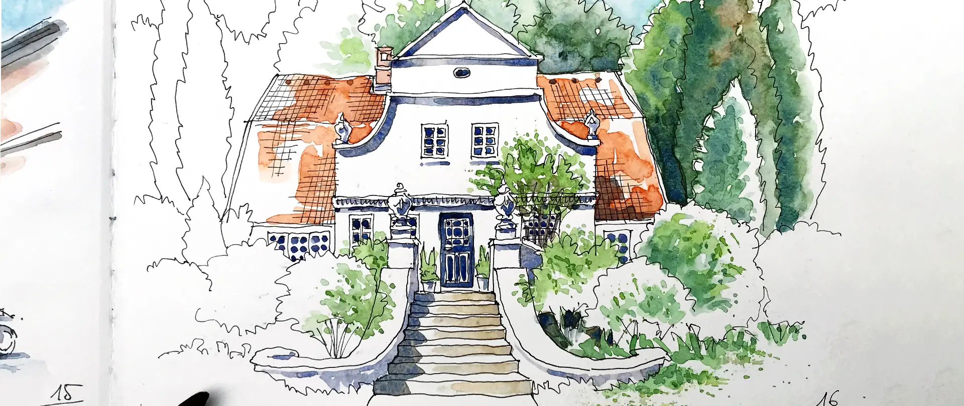 38ea0a66 9516 4e2c ac6e 81266788b033 Aquarellskizze eines Hauses mit Treppe und umgebender grüner Bepflanzung, teilweise unvollendet, um Zeichenprozess zu zeigen