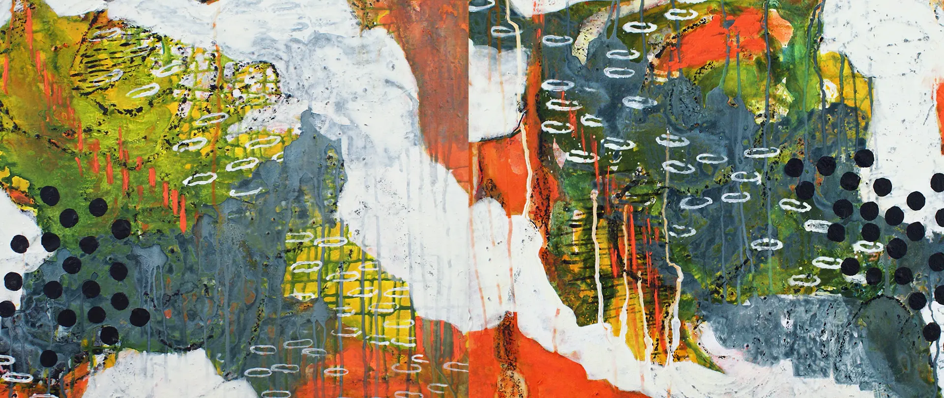 Abstraktes Acrylgemälde mit leuchtenden Farbexplosionen in Grün, Orange, Weiß und Schwarz, das kreative und spontane Kompositionen vermittelt