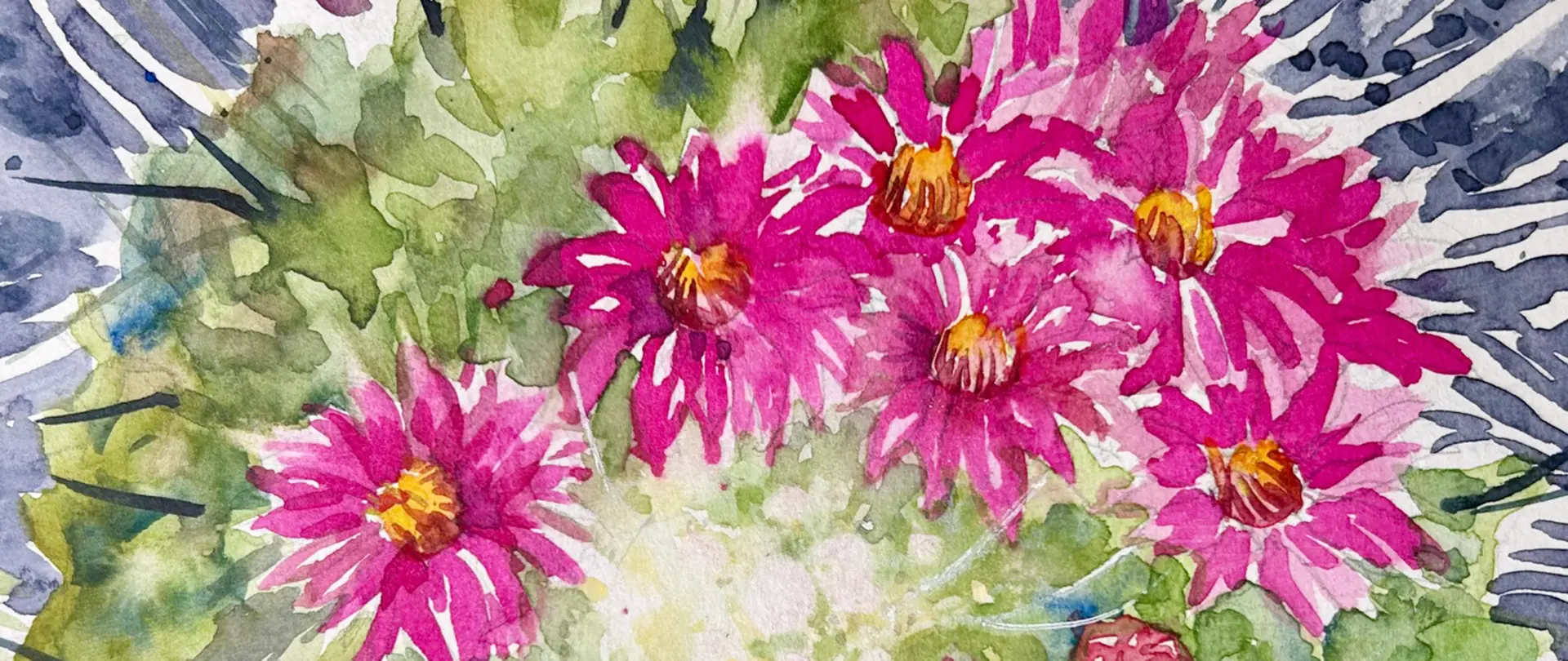 Bunte Aquarellmalerei mit pinken Blüten und grünen Blättern, die die Grundlagen der Aquarelltechnik und Farbverläufe zeigt