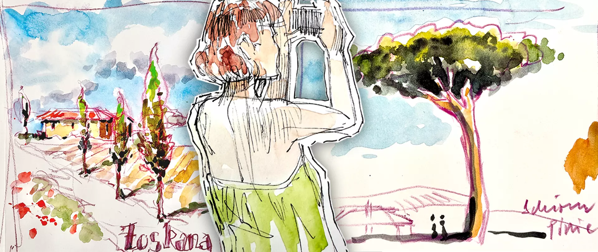 Urban Sketching zeigt eine Frau mit kurzem braunem Haar und grünem Top, die eine Stadtansicht mit Bäumen und Gebäuden zeichnet erstellt von artistravel Dozent Sebastian Gothe