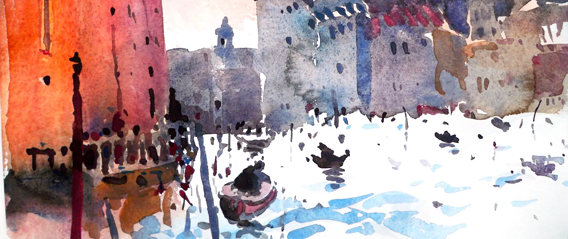 Aquarellmalerei mit venezianischen Hafenmotiven, Booten und historischen Gebäuden in lockerer, lebendiger Farbgestaltung