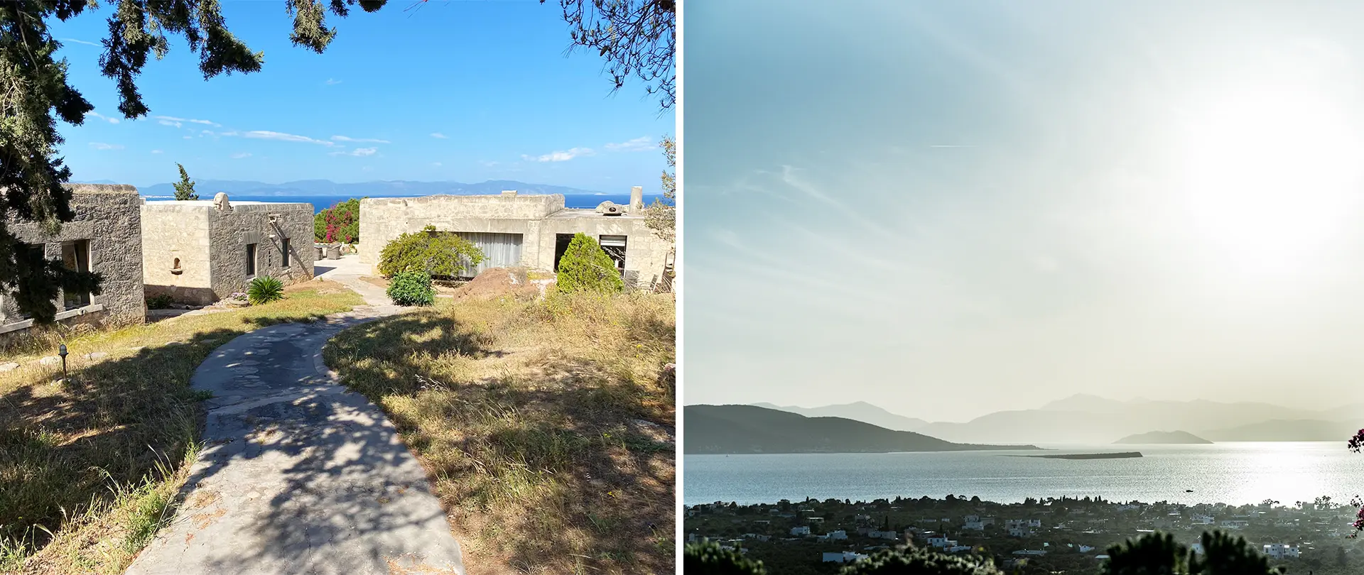 Links ein sonniger Weg zwischen traditionellen Steinhäusern auf der Insel Ägina, rechts ein Panorama mit Meer, Bergen und strahlender Sonne im Kurs „Insel Ägina – Find your story“