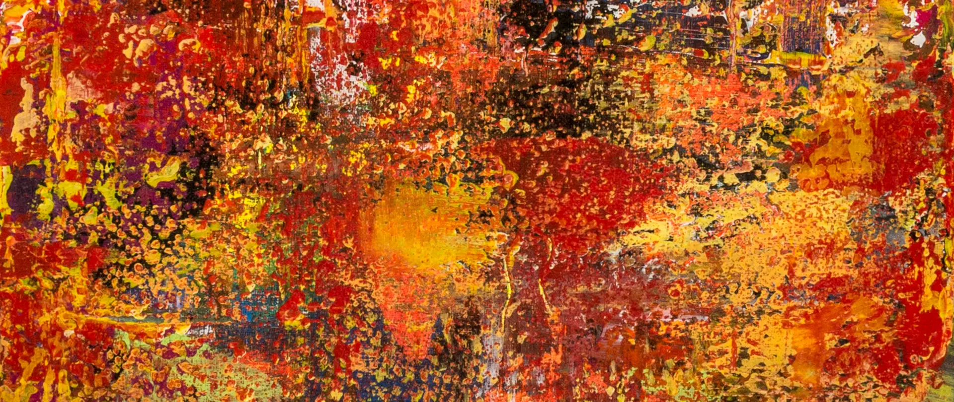 Abstraktes Gemälde mit dominierenden Farben Rot, Orange, Gelb und einigen dunklen Akzenten, mit unregelmäßigen Mustern und Texturen, Acryl erstellt von artistravel Dozentin Renate Rüter-Nork