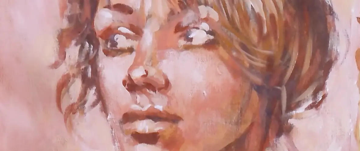 Portrait einer jungen Frau in warmen, expressiven Farben mit betonter Wangenröte und lebendiger Augenfarbe in reduzierter Farbpalette