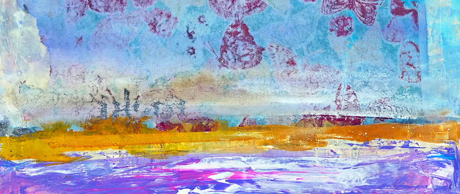 Abstrakte Acrylmalerei mit blauen, gelben und violetten Farbschichten, die eine Landschaft mit Himmel und Wasser darstellen erstellt von artistravel Dozentin Renate Linnemeier
