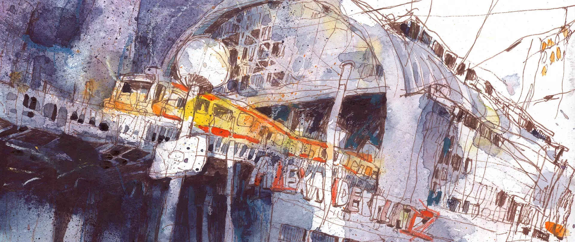 Aquarellskizze eines Bahnhofs in urbaner Umgebung mit Zug und architektonischen Details in dynamischer Farbgebung