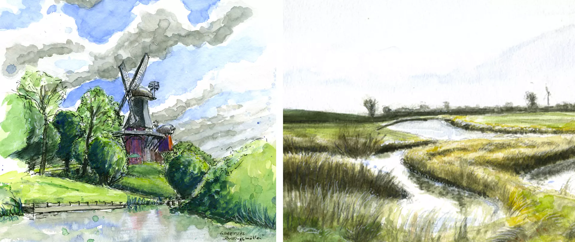 Landschaftsstimmungen aus Ostfriesland mit Windmühle und Wasserläufen, dargestellt in Aquarellskizzen