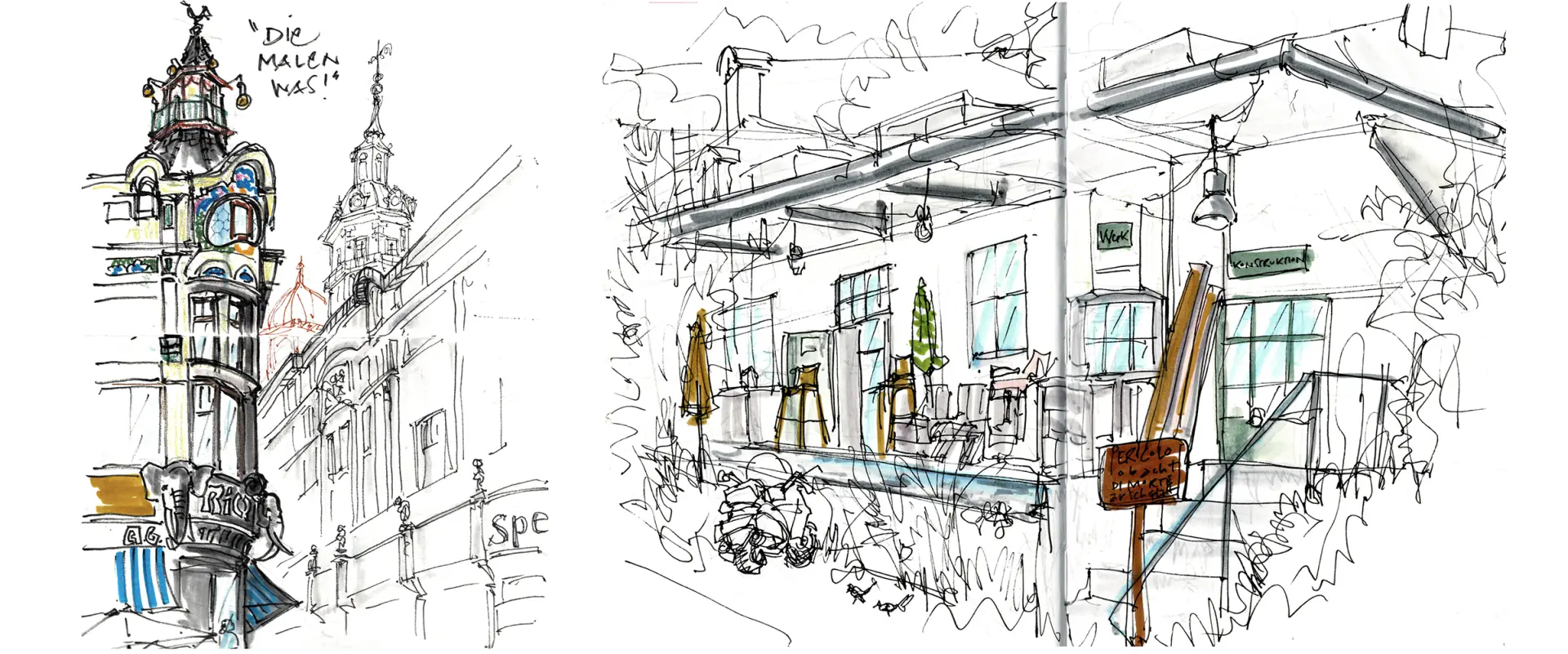 Skizzen urbaner Szenen mit lebendigem Linienstil, darunter Gebäude und Straßencafé, als Beispiel für den Kurs "Urban Sketching unterwegs – Lebendige Skizzen"
