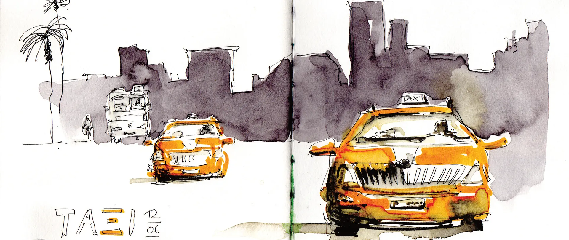 Lockere Aquarellskizze mit zwei orangefarbenen Taxis vor einer urbanen Skyline und einer Palmen-Silhouette, stilisiert und spontan gezeichnet