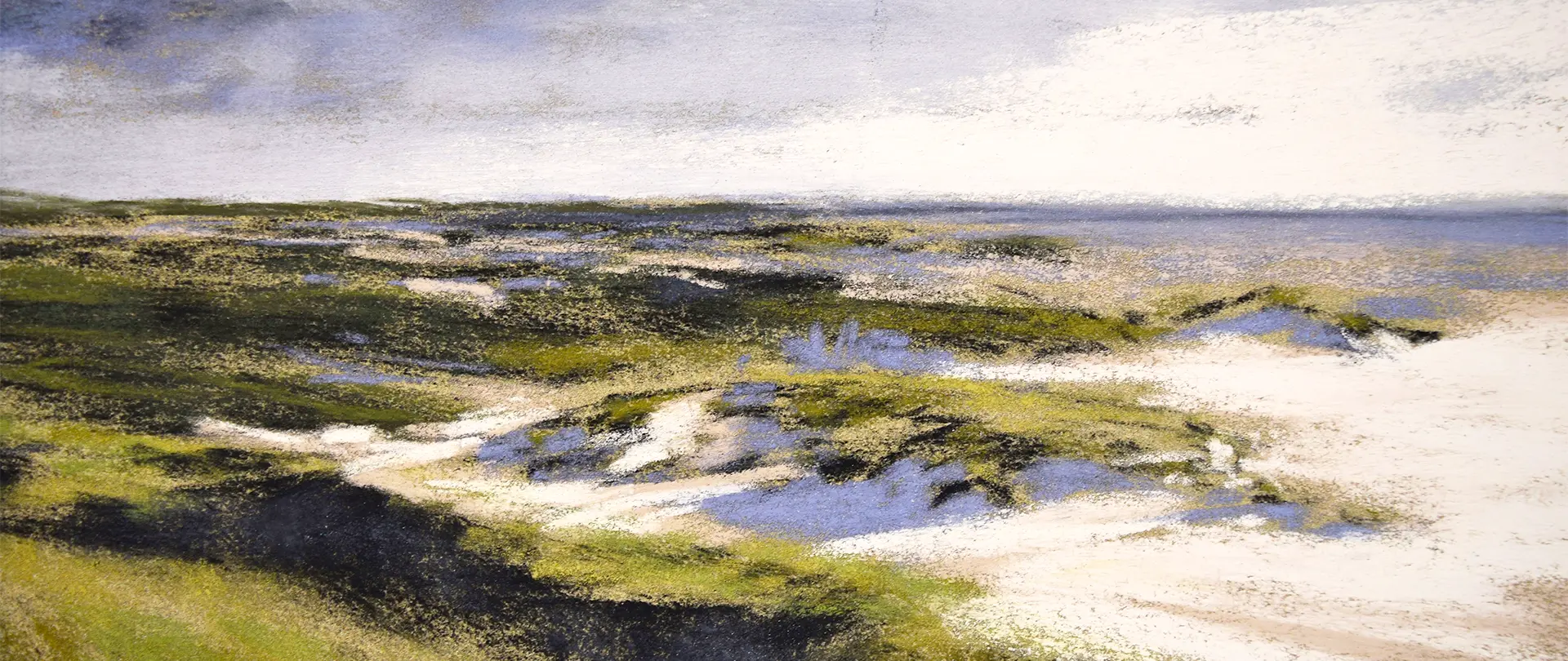 Expressive Küstenlandschaft mit Dünen und Meer in Pastellfarben, eingefangen in einem dynamischen, künstlerischen Stil