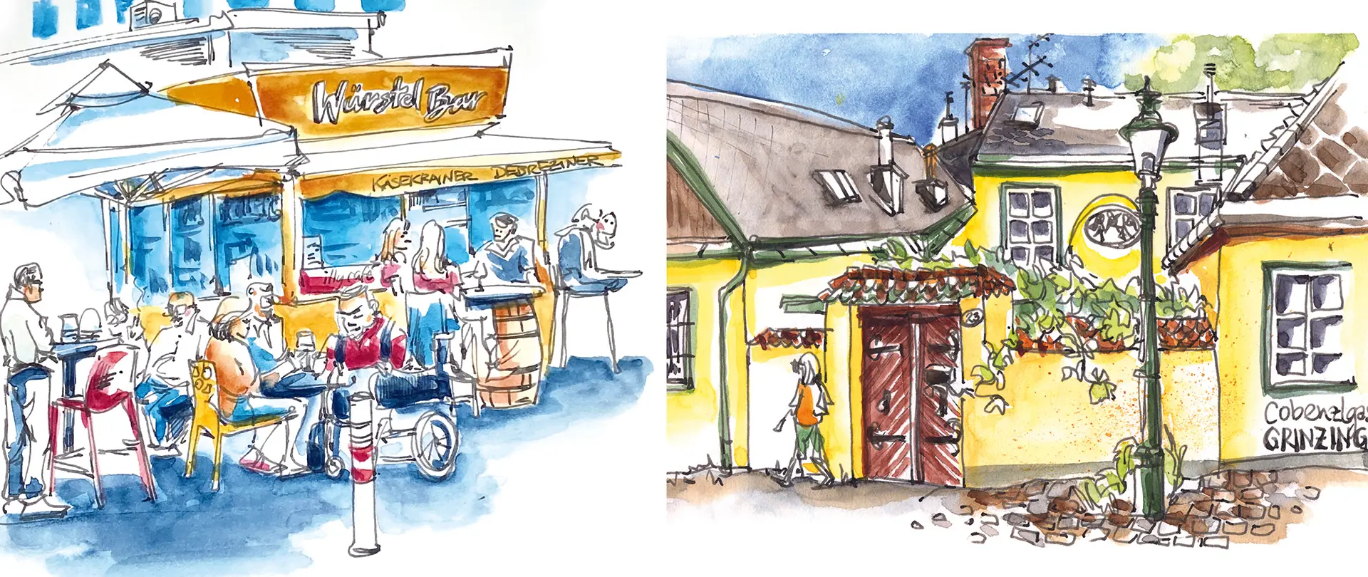 Wasserfarben-Skizzen von urbanen Wiener Szenen mit Café-Terrasse, Menschen und bunten Häusern, inspiriert vom Kurs „Wien mit dem Skizzenbuch entdecken“
