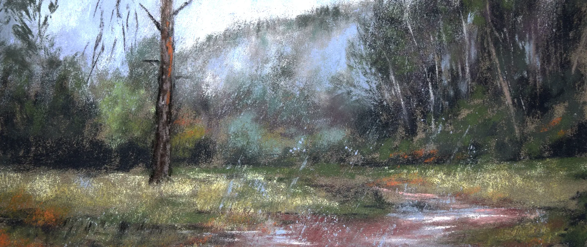 Landschaft mit regennassem Pfad, Bäumen und feuchtem Gras, dargestellt in zarten Pastellfarben, die Wetterstimmungen von Regen bis Gewitter vermitteln
