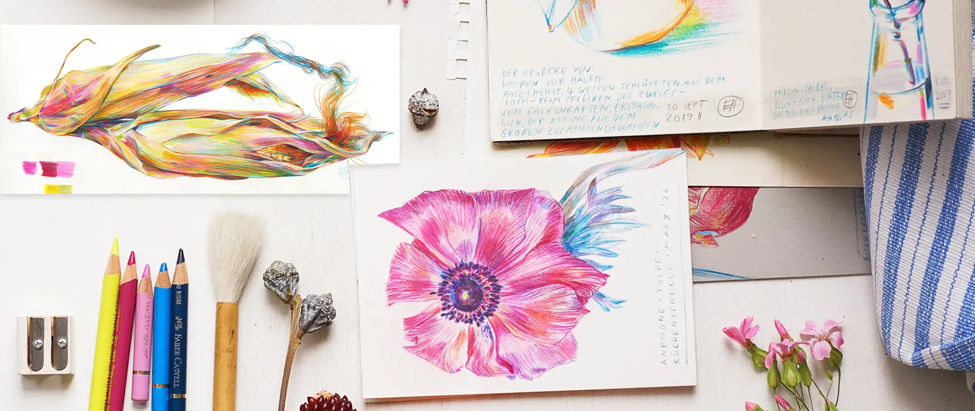 48a2c9dc 055c 464c a4ae d6a5fdcdc435 Bunte botanische Zeichnungen mit Farbstiften neben Stiften, Pinseln und frischen Blumen auf hellem Tisch als Impression des Zeichenkurses "Botanik auf dem Papier"