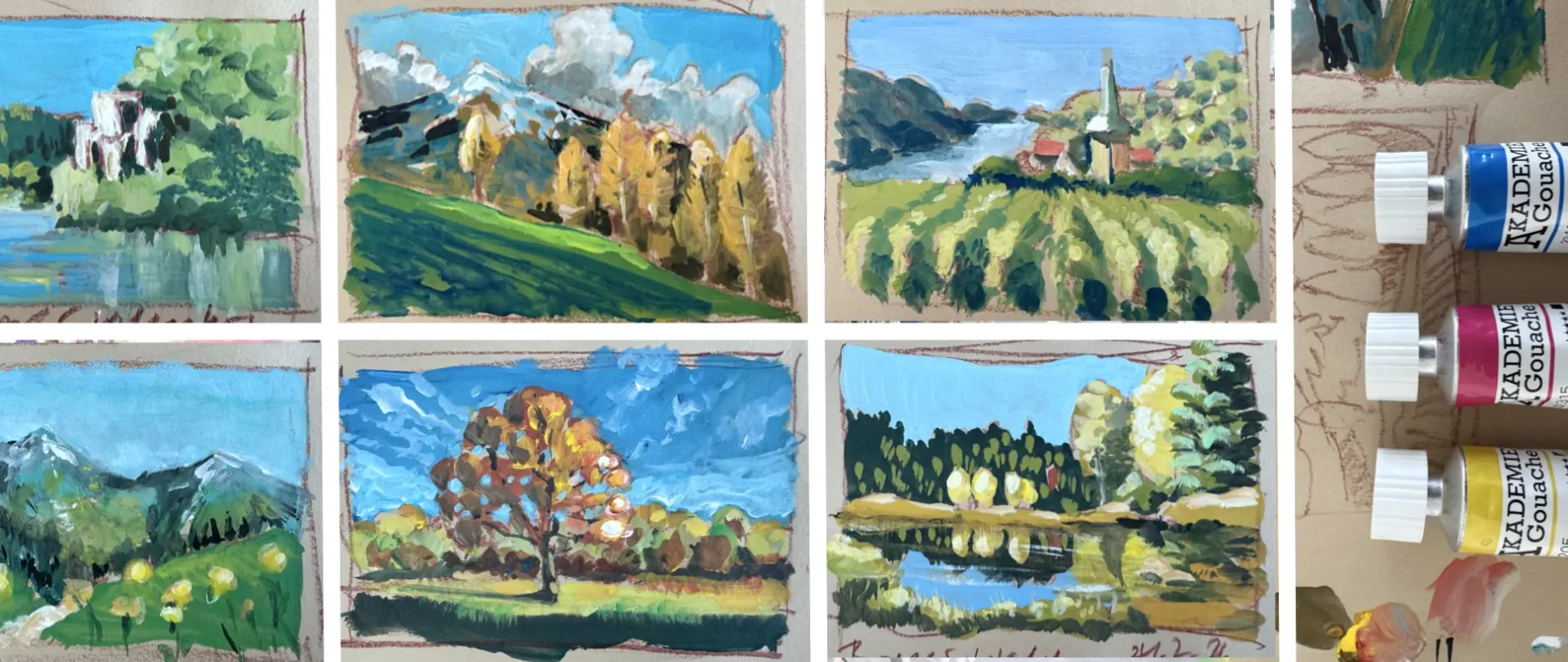 Sechs Gouache-Miniaturlandschaften mit Naturmotiven und Tuben mit Farben als Beispiele für den Kurs "Offenes Atelier" mit Sebastian