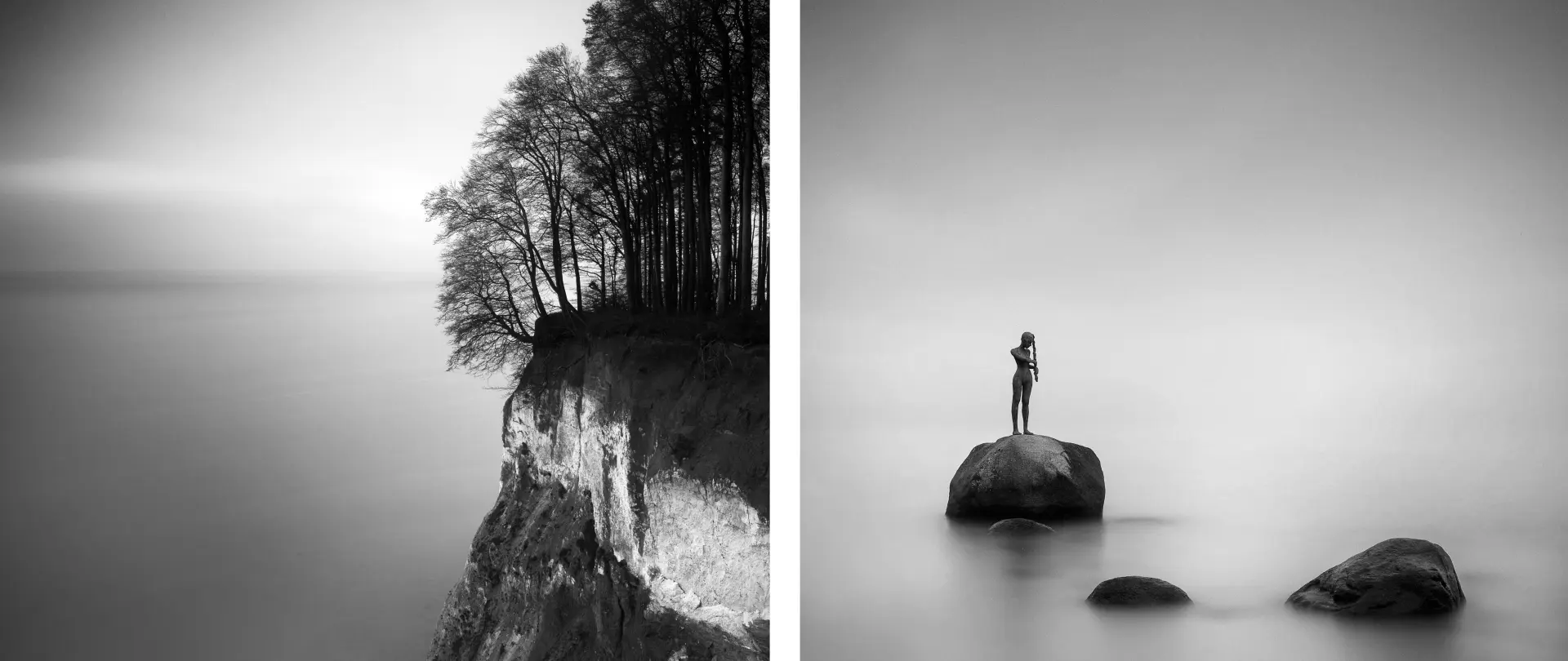 Herbstliche Ostseeküste mit langzeitbelichteten, nebelartigen Wasserflächen und Bäumen auf Klippen sowie Person auf Felsen in ruhiger, surrealer Stimmung