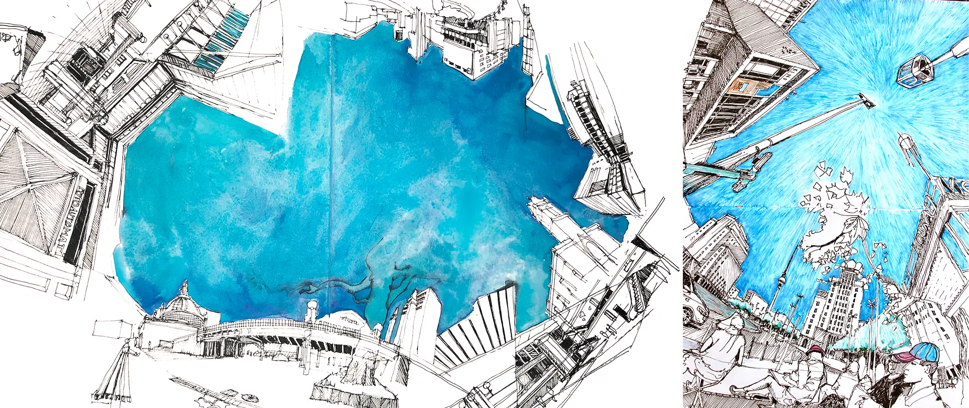 Stadtansichten in Rundumperspektive mit skizzierten Gebäuden und leuchtend blauem Himmel als kreatives Sketch-Panorama