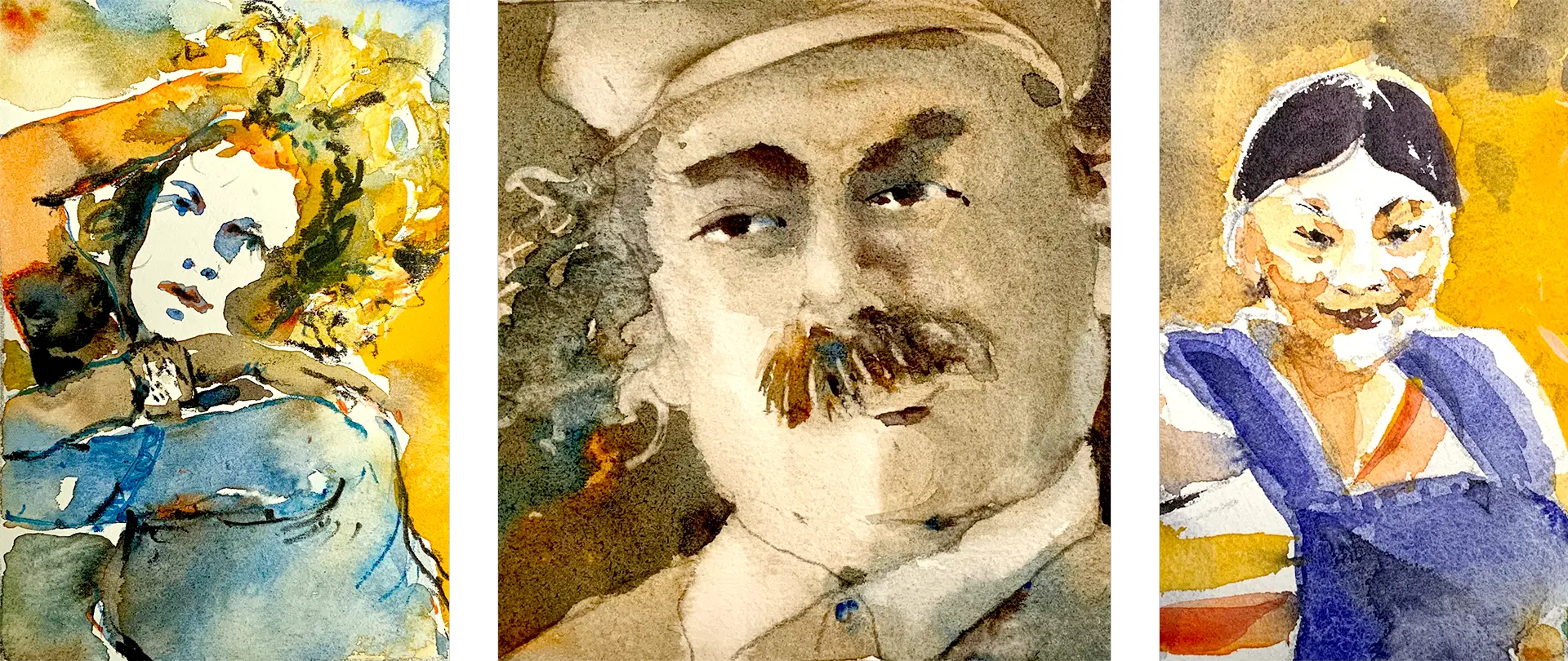 Drei Aquarellporträts mit unterschiedlichem Farb- und Gesichtsausdruck, die kreative Techniken zur Darstellung von Gesichtern zeigen