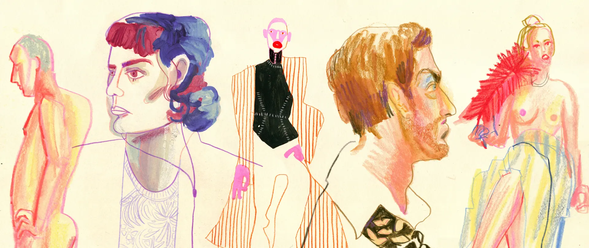 Verschiedene stilisierte Aquarellporträts und Figurenstudien von Menschen in lebendigen Farben und Skizzen mit Aquarellstiften und Wachspastellen