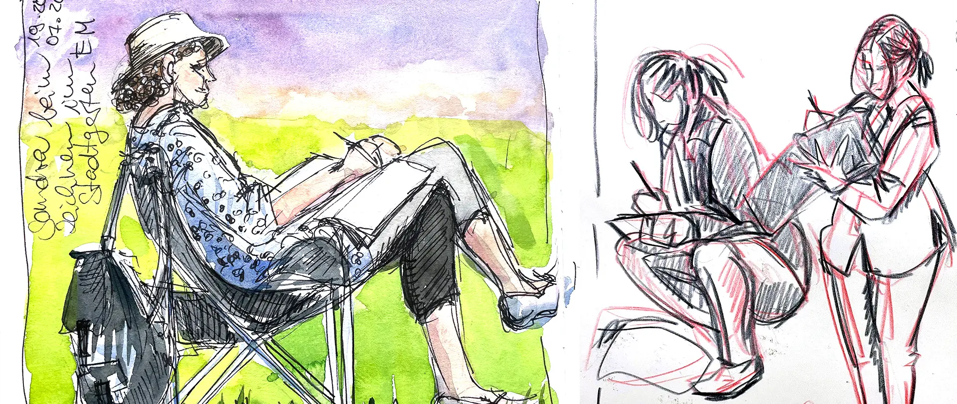 Skizzen von Menschen in entspannter und konzentrierter Haltung während eines Zeichenkurses im Freien und im Innenraum