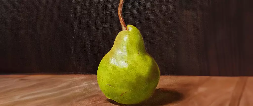 Ein Gemälde einer Birne auf einem Holztisch, in Ölfarbe dargestellt erstellt von artistravel Dozentin Susanne Strefel