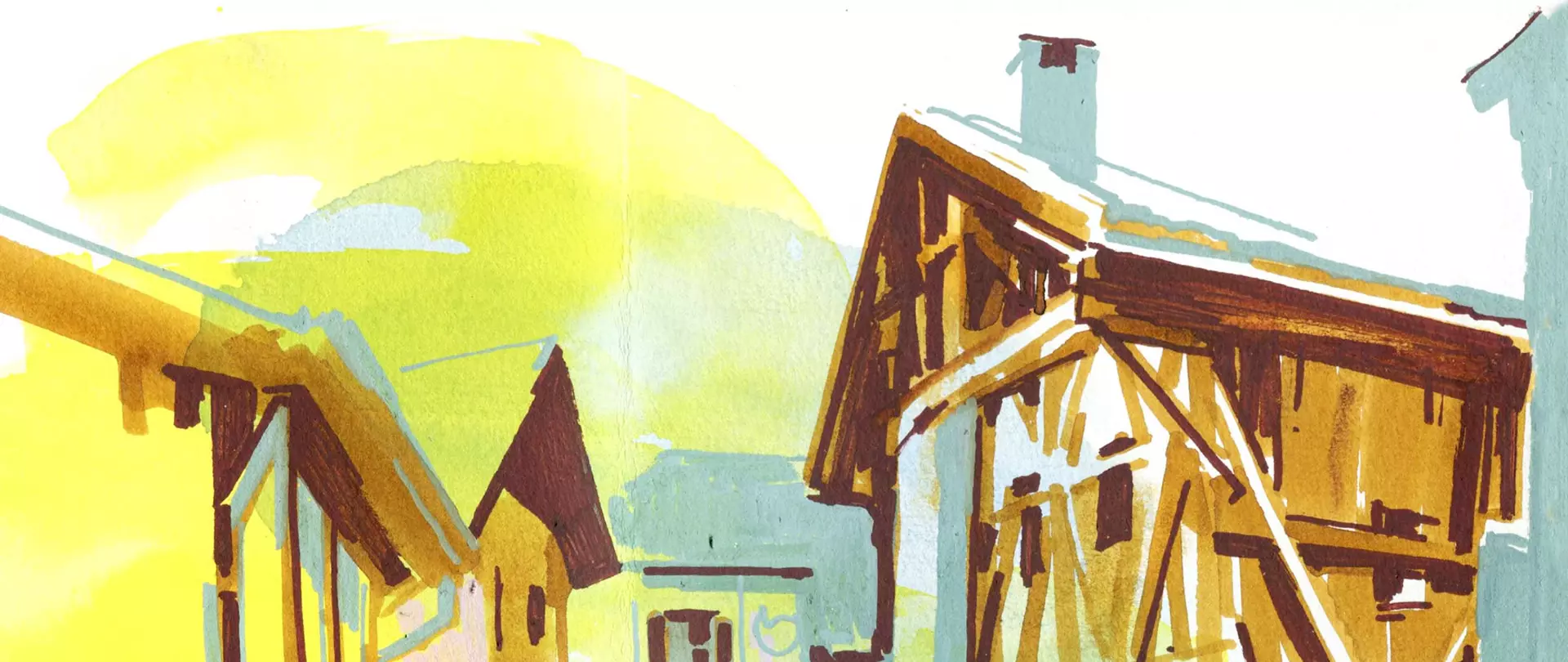 Urban Sketching von Fachwerkhäusern mit sichtbaren Holzbalken, gemalt mit Markern, bunt, erstellt von artistravel Dozentin Jenny Adam