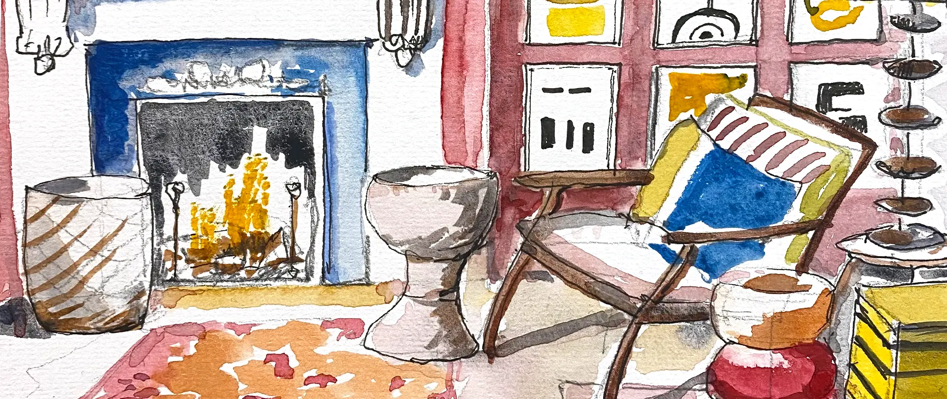 Wohnzimmer mit Sessel, Kamin, Teppich und dekorativen Elementen in einem farbenfrohen Aquarell-Sketch dargestellt