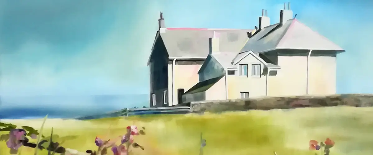 Haus an der Küste im Sonnenlicht mit Blumen im Vordergrund, gemalt in Ölmalerei mit Fokus auf Licht, Schatten und atmosphärische Stimmung