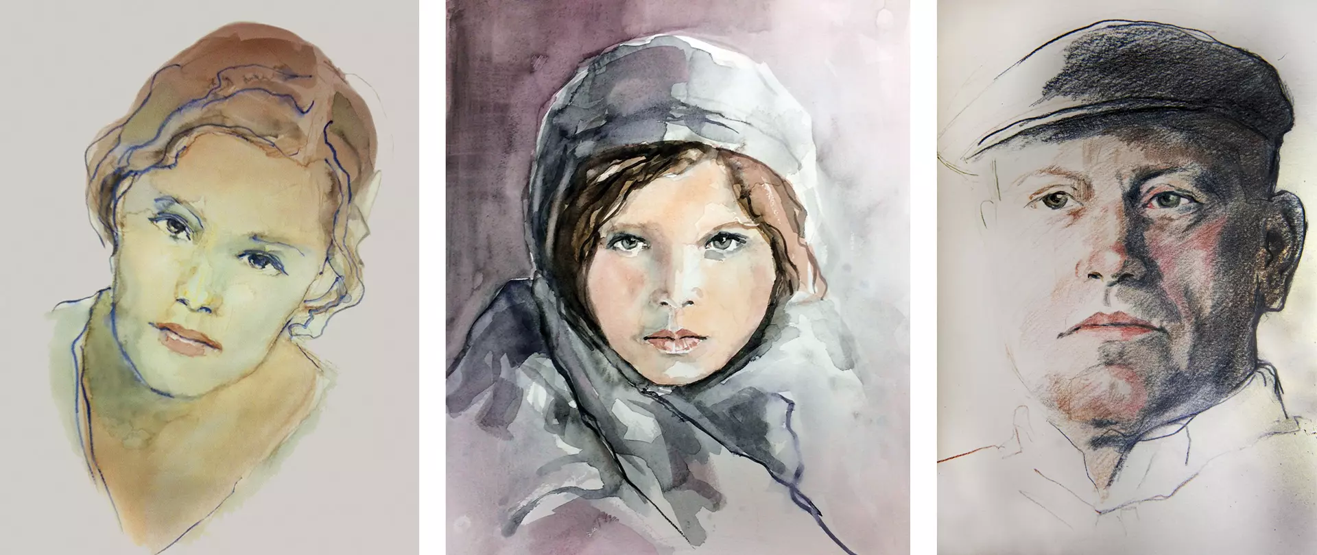 Drei portraitähnliche Aquarell- und Zeichnungsskizzen, die Gesichtsausdruck und Figurenstudien in verschiedenen Maltechniken zeigen