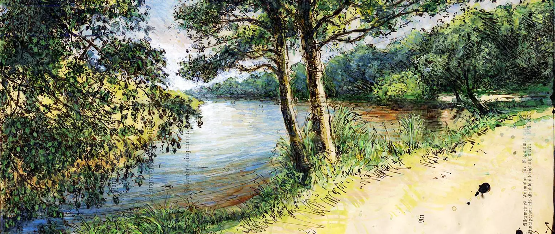 Malerische Flusslandschaft mit Bäumen am Ufer und Weg, die städtische Architektur harmonisch in die Natur einbettet