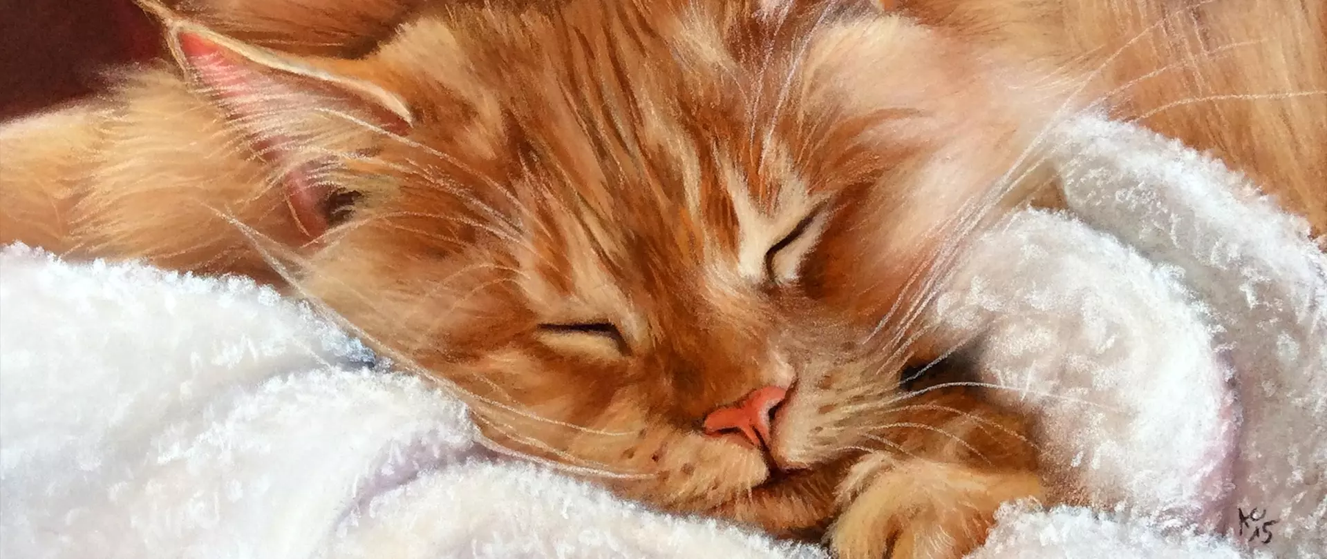 Pastellzeichnung einer schlafenden orangefarbenen Katze, eingekuschelt in ein weißes, flauschiges Tuch erstellt von artistravel Dozentin Angela-Carmen Friehl-Groß
