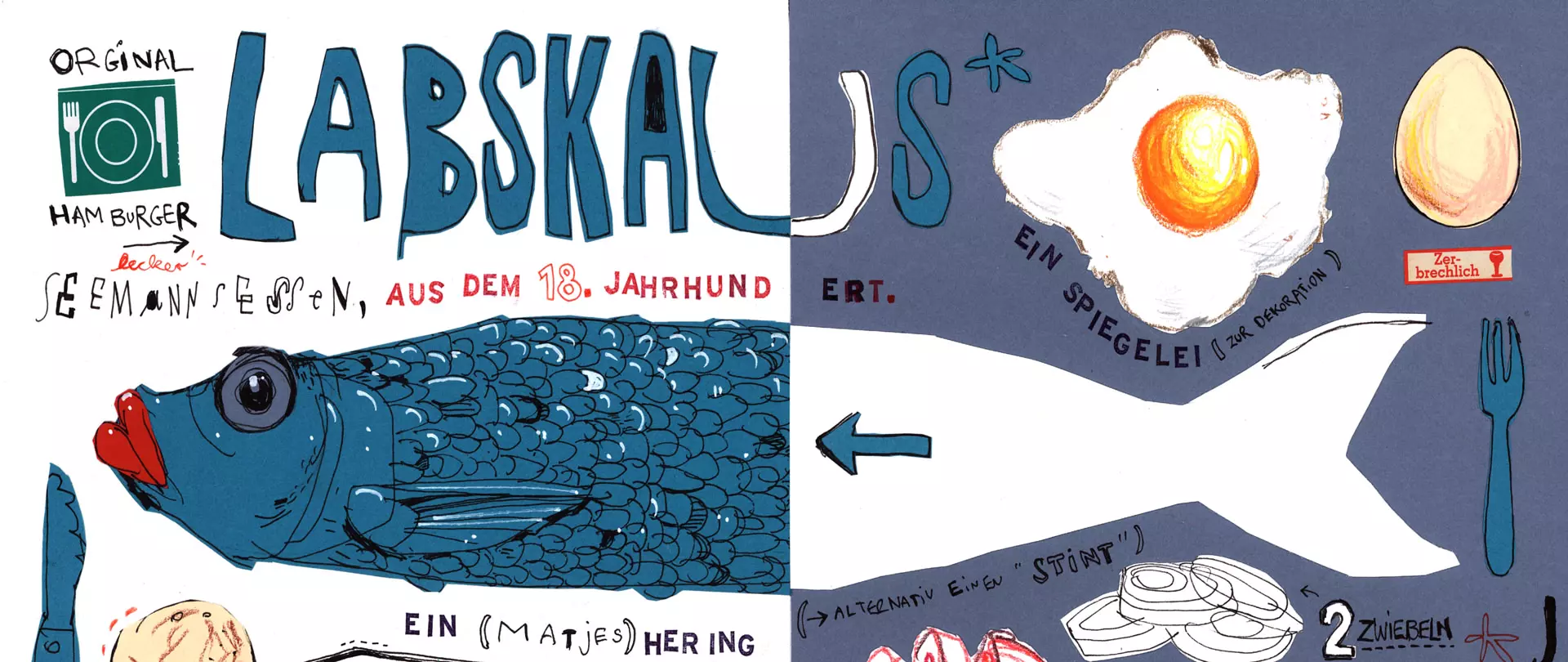 Illustration eines Labskaus-Rezepts mit einem blauen Fisch, Spiegelei, Ei, Messer, Gabel und Zwiebeln, handschriftliche Beschriftungen auf Deutsch, Urban Sketching erstellt von artistravel Dozent Felix Scheinberger
