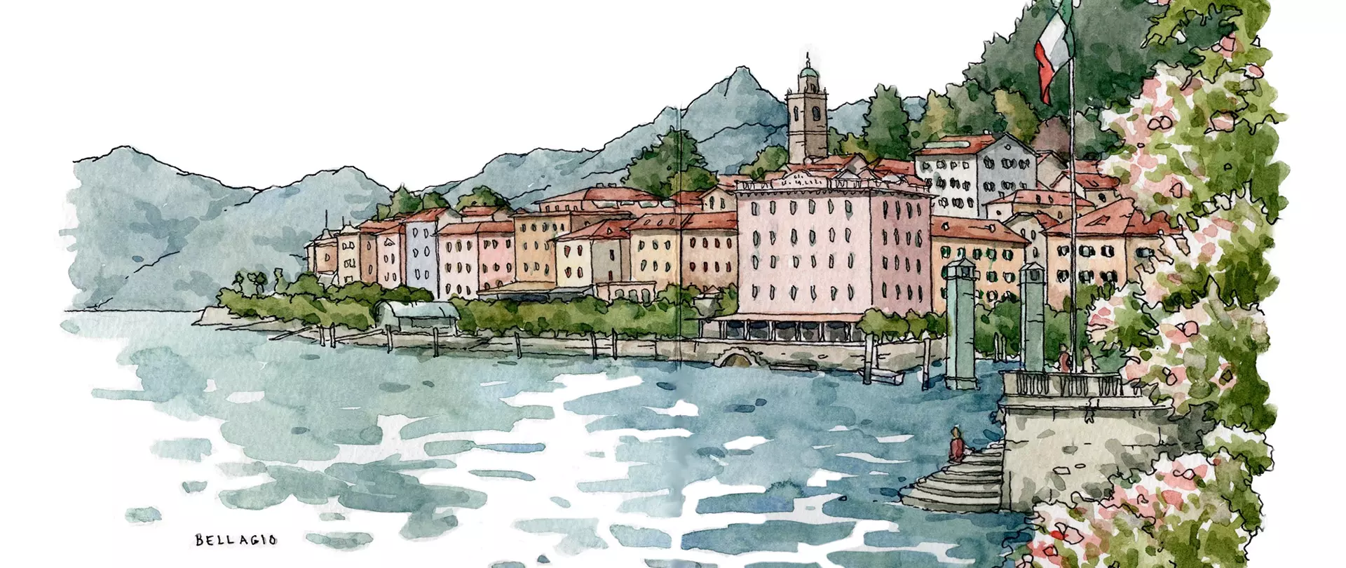 Aquarellskizze der Uferpromenade und Gebäude von Bellagio am Comer See mit Bergen im Hintergrund und blühenden Büschen am rechten Bildrand