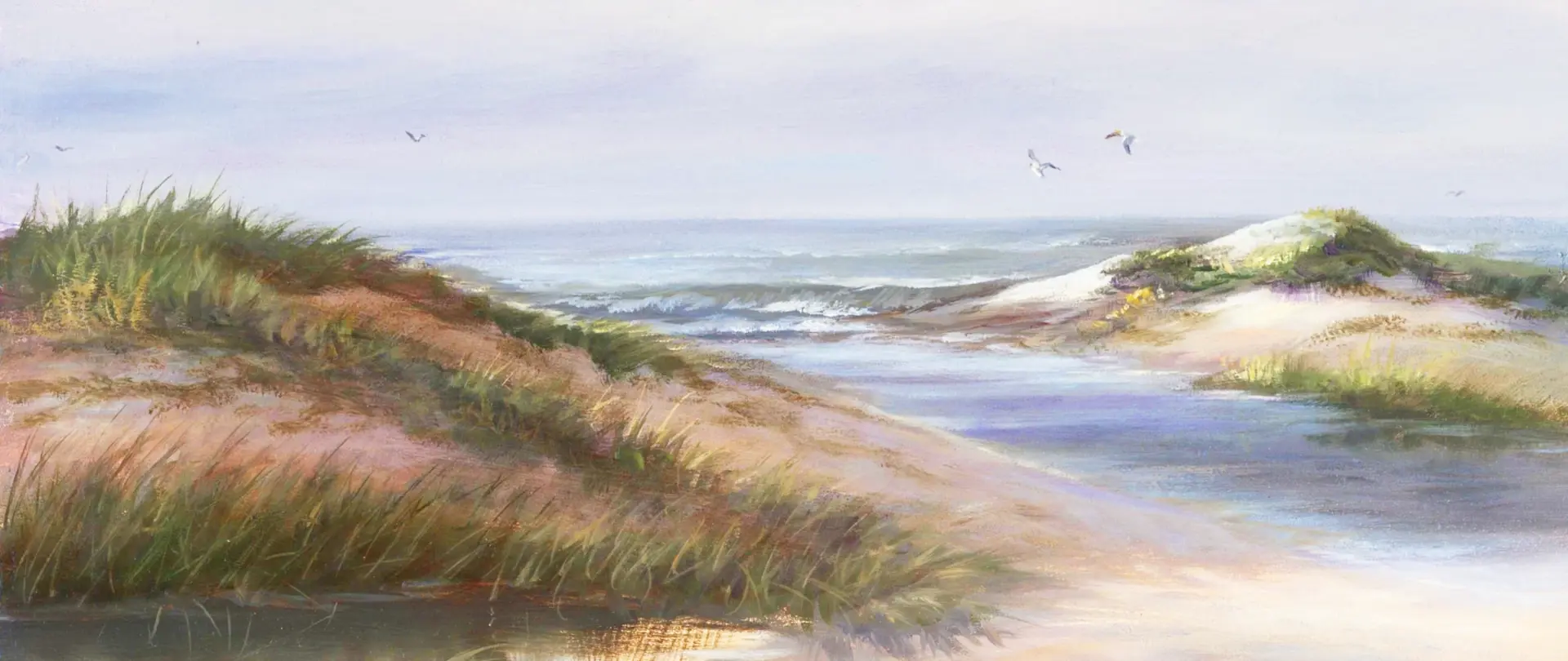 5455ebe2 f141 4024 9c59 278d8aef97f7 Sonnige Dünenlandschaft an der Nordseeküste mit Gräsern, Wasserflächen und Vögeln, ideal für stimmungsvolle Frühlingsmalerei und Bildkomposition
