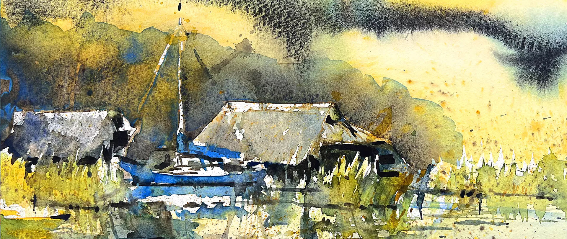 Aquarell einer Hafenlandschaft mit Booten und Gebäuden am Wasser, in lockeren, fließenden Pinselstrichen erstellt von artistravel Dozentin Jutta Höfs