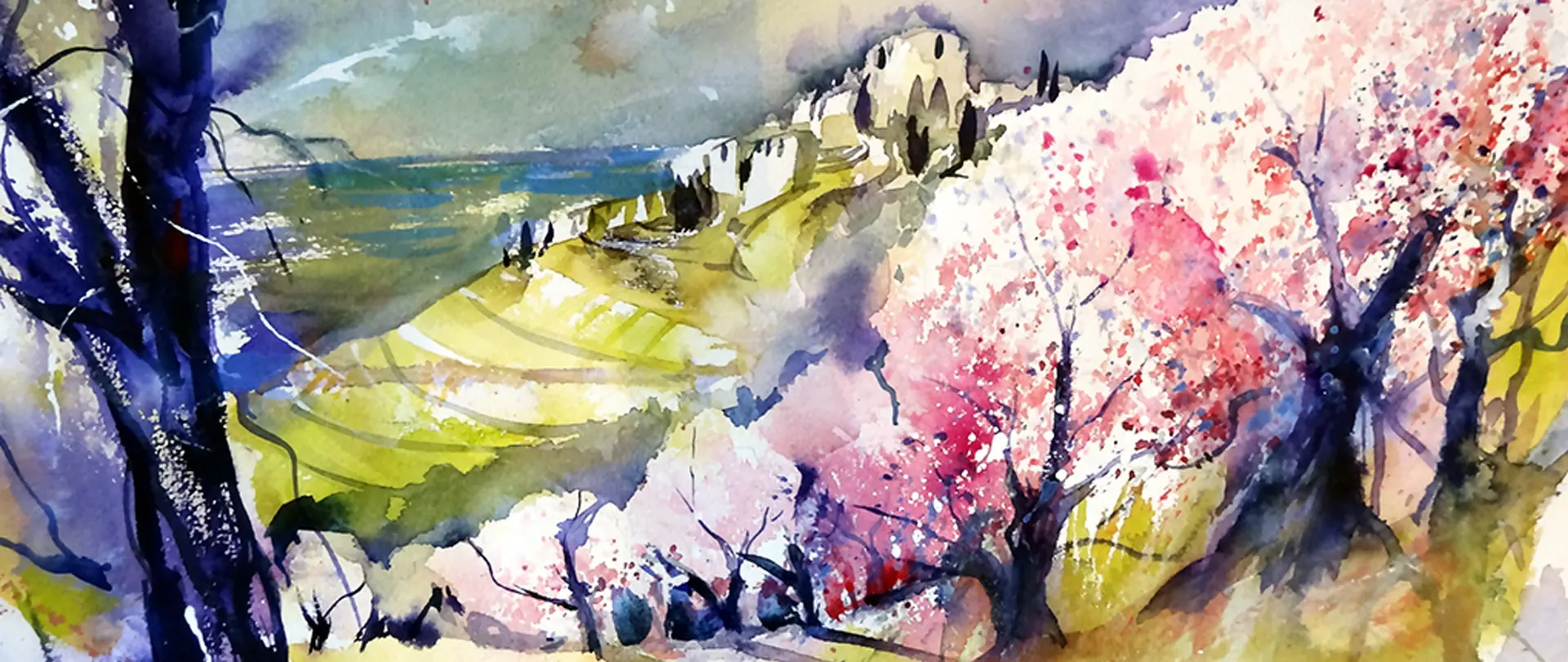 Frühlingslandschaft mit blühenden Bäumen und sanften Hügeln im Aquarellstil, vermittelt eine atmosphärische, farbenfrohe Frühlingsstimmung