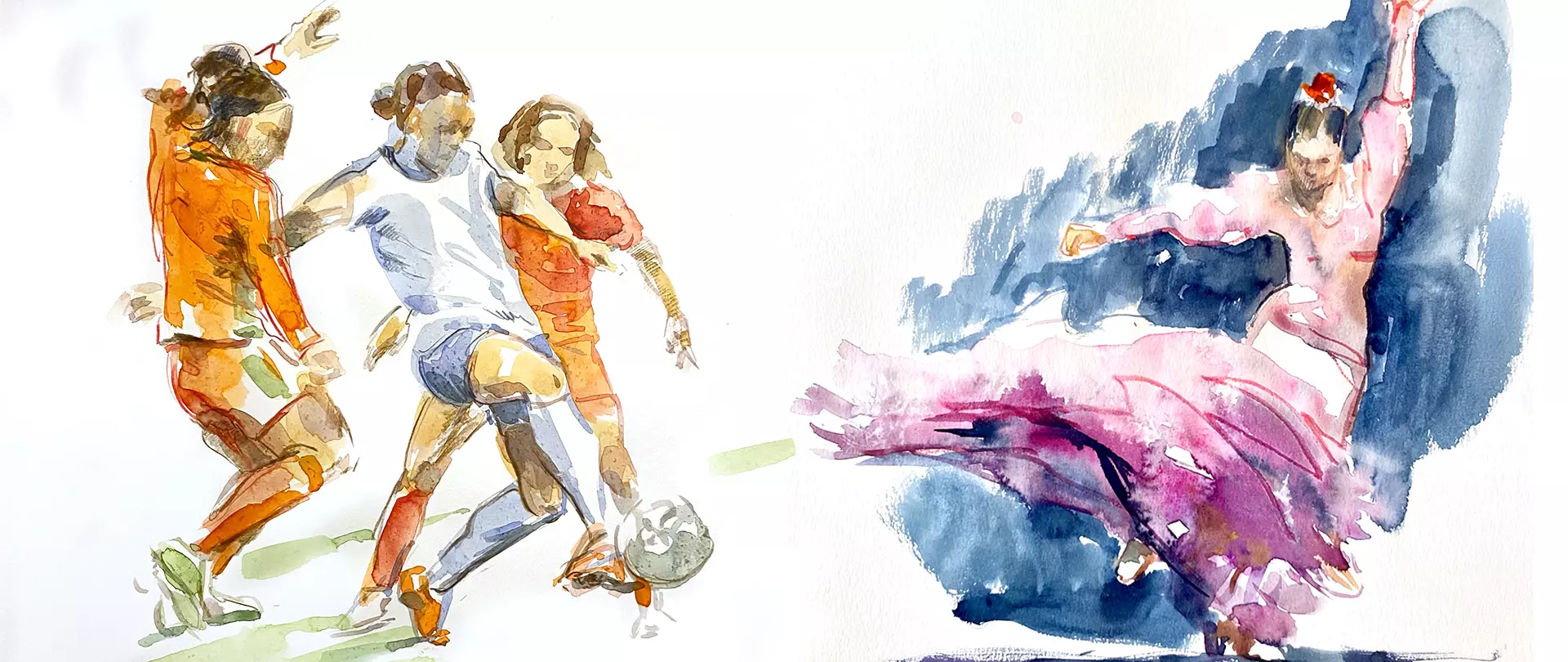Dynamische Aquarellmalerei mit zwei Fußballspielern und einer Flamenco-Tänzerin in eleganter Bewegung und lebendigen Farben