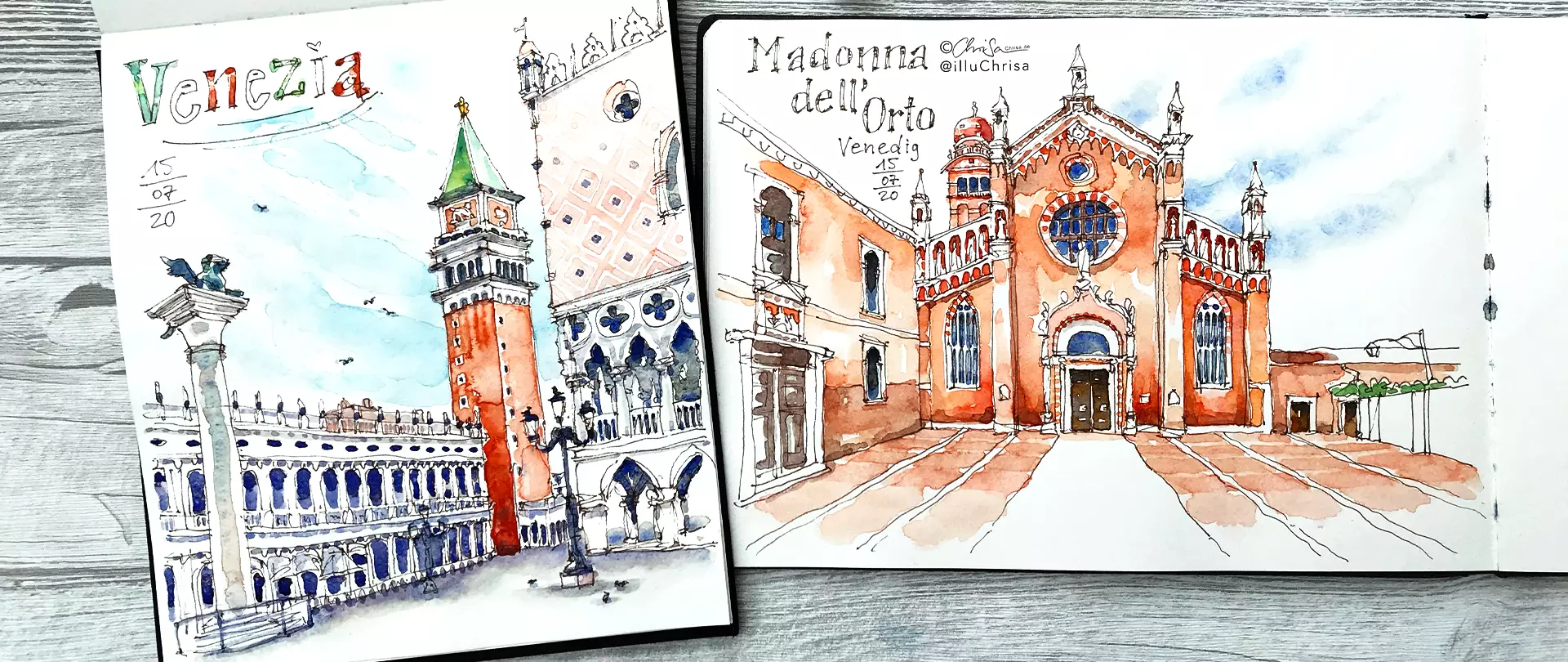 Zwei Urban Sketches von venezianischen Gebäuden, links der Campanile von Venedig mit 'Venezia' Schriftzug, rechts die Kirche Madonna dell'Orto mit detaillierter Fassade erstellt von artistravel Dozent Hans Christian Sanladerer