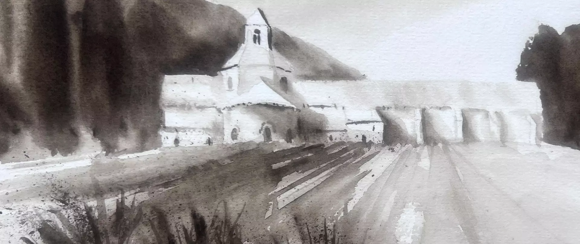 Aquarellmalerei mit Tonwerten von Licht und Schatten, zeigt ein historisches Gebäude mit Turm und Landschaft in monochromen Grautönen