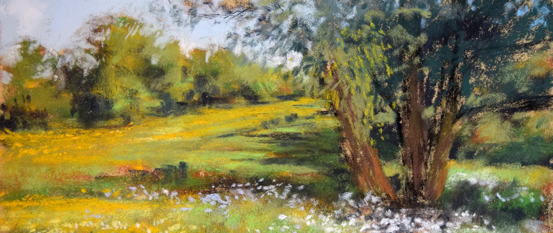 Frühlingshafte Landschaft mit grünen Wiesen, blühenden Blumen und Bäumen, gemalt in sanften Pastellfarben für Aquarell- oder Pastellmalerei