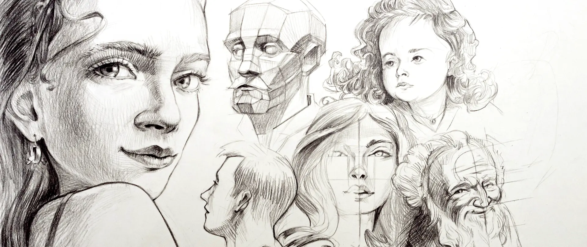 Portraitzeichnungen verschiedener Gesichter und Figuren mit unterschiedlichen Perspektiven und Stilen als Beispiel für einen Anfänger-Portrait-Zeichenkurs