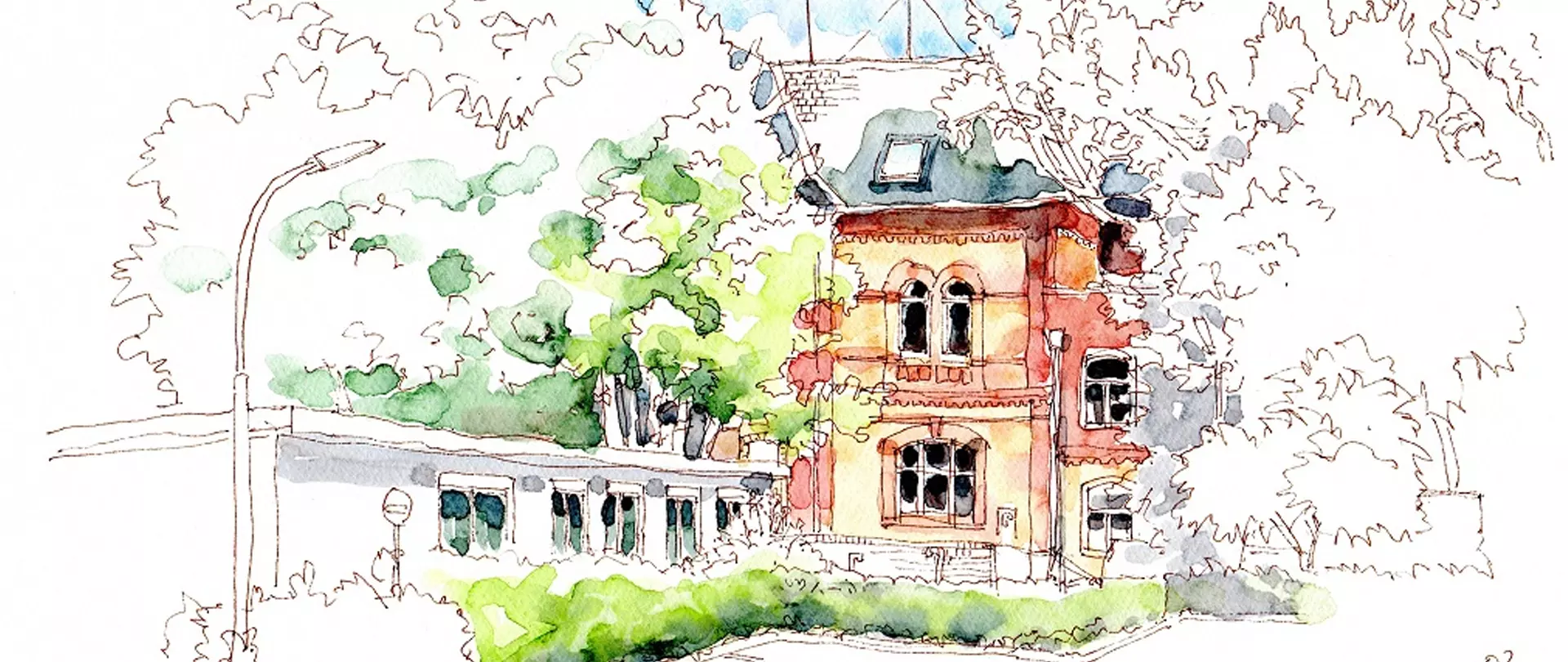 Wasserfarbzeichnung eines historischen Hauses und Bäumen mit Fokus auf Perspektivlinien für Urban Sketching Grundlagenkurs