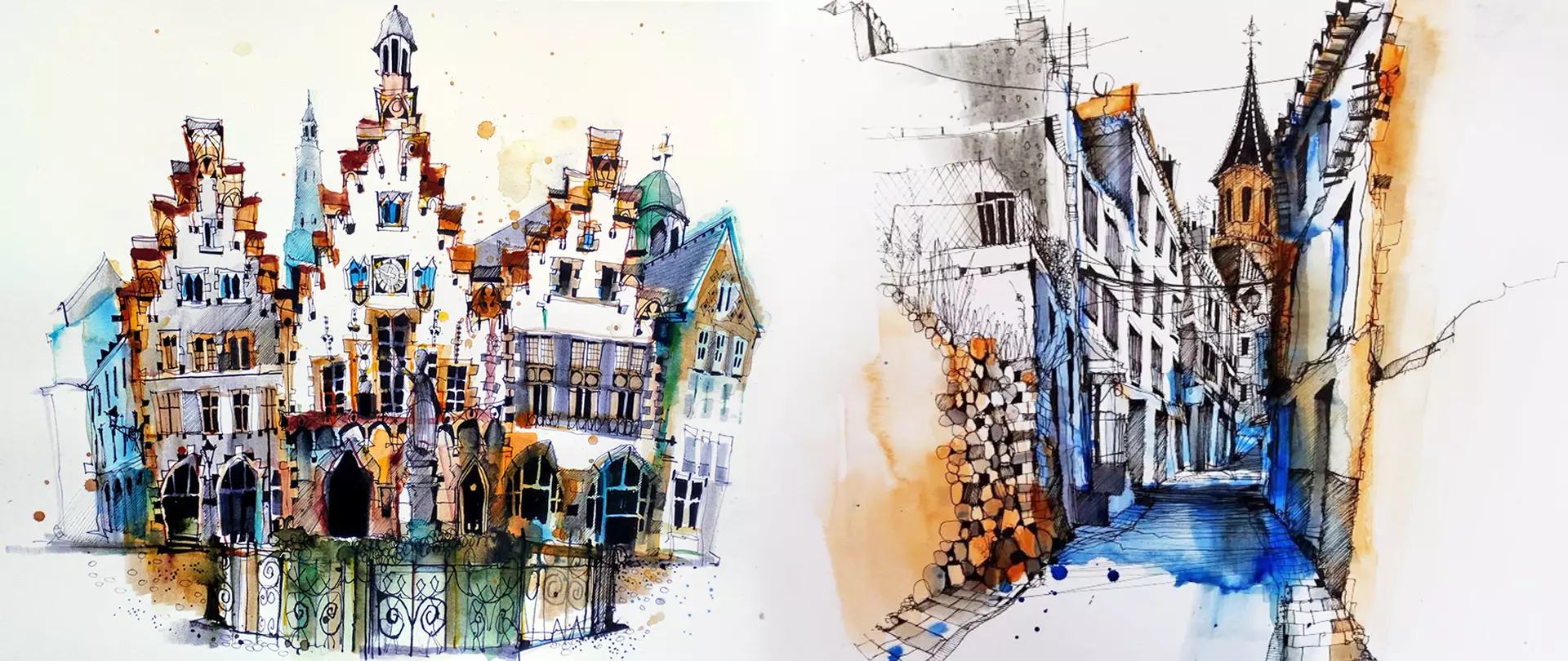 Bunte Urban Sketches mit Aquarell von historischen Gebäuden und verwinkelten Gassen aus Berchtesgaden, die die ruhige Schönheit Bayerns einfangen
