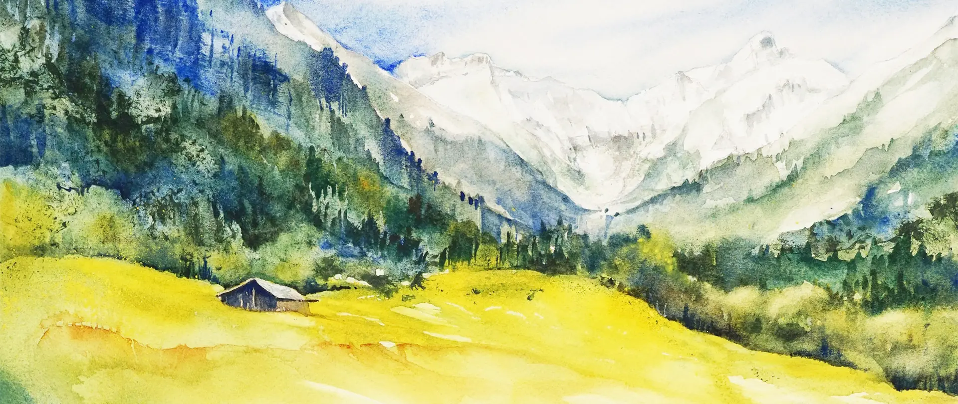 Leuchtende Aquarelllandschaft mit gelben Wiesen, dunklen Bergen und schneebedeckten Gipfeln, die Farb- und Lichttechniken der Aquarellmalerei zeigt
