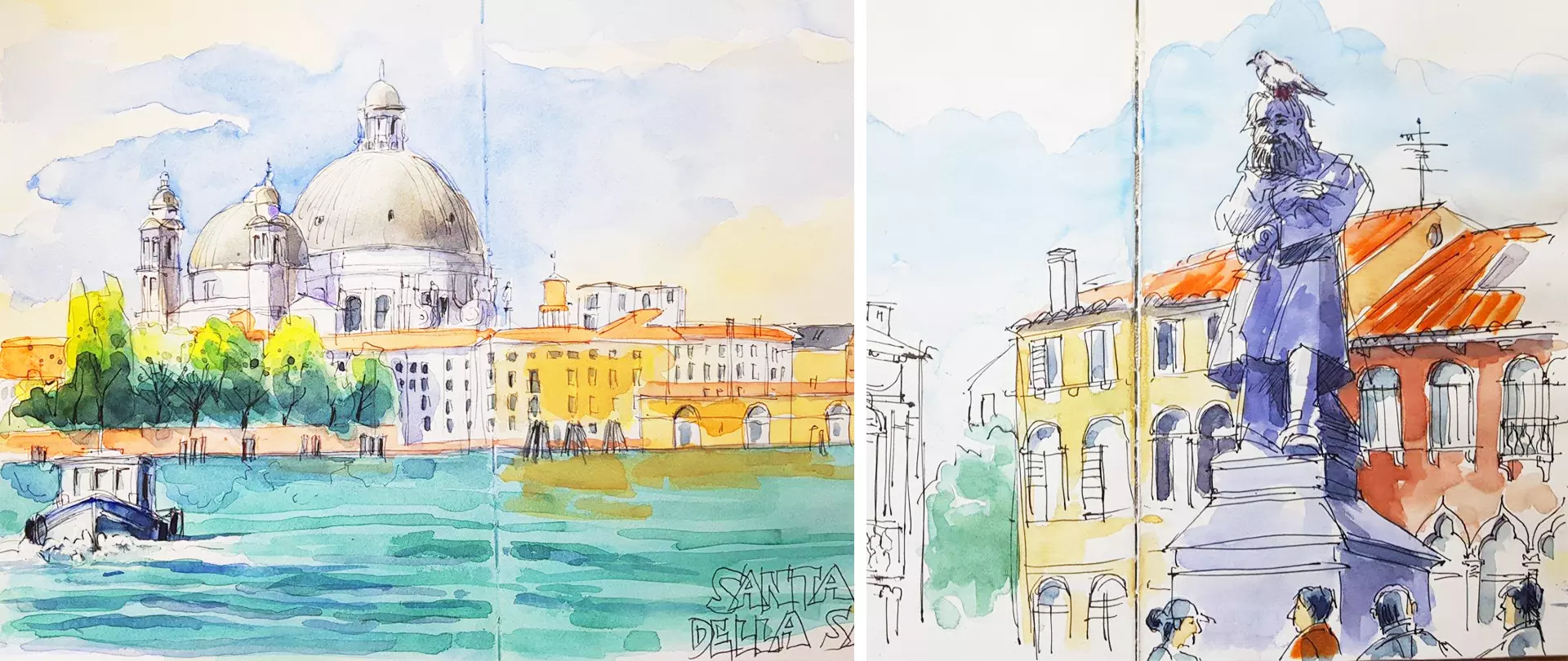 Urban Sketching zeigt links die Kuppel und Gebäude der Santa Maria della Salute in Venedig am Wasser, rechts eine Statue eines Mannes auf einem Sockel vor gelben Häusern mit roten Dächern erstellt von artistravel Dozent Peter Koch