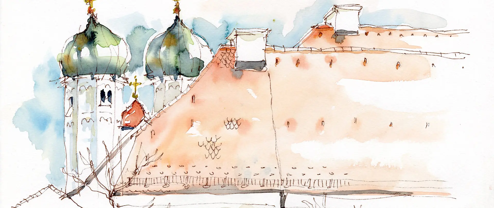 Aquarell-Skizze mit Gebäudedach und Türmen mit Zwiebeldächern im Chiemgau, inspiriert vom Kurs Skizzieren und Aquarellieren in Bayern