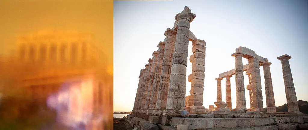 Kontrastreiche Lichtstimmungen in Athen von grellem Mittagslicht bis rosa Sonnenuntergang mit antiken Säulenruinen und urbaner Atmosphäre