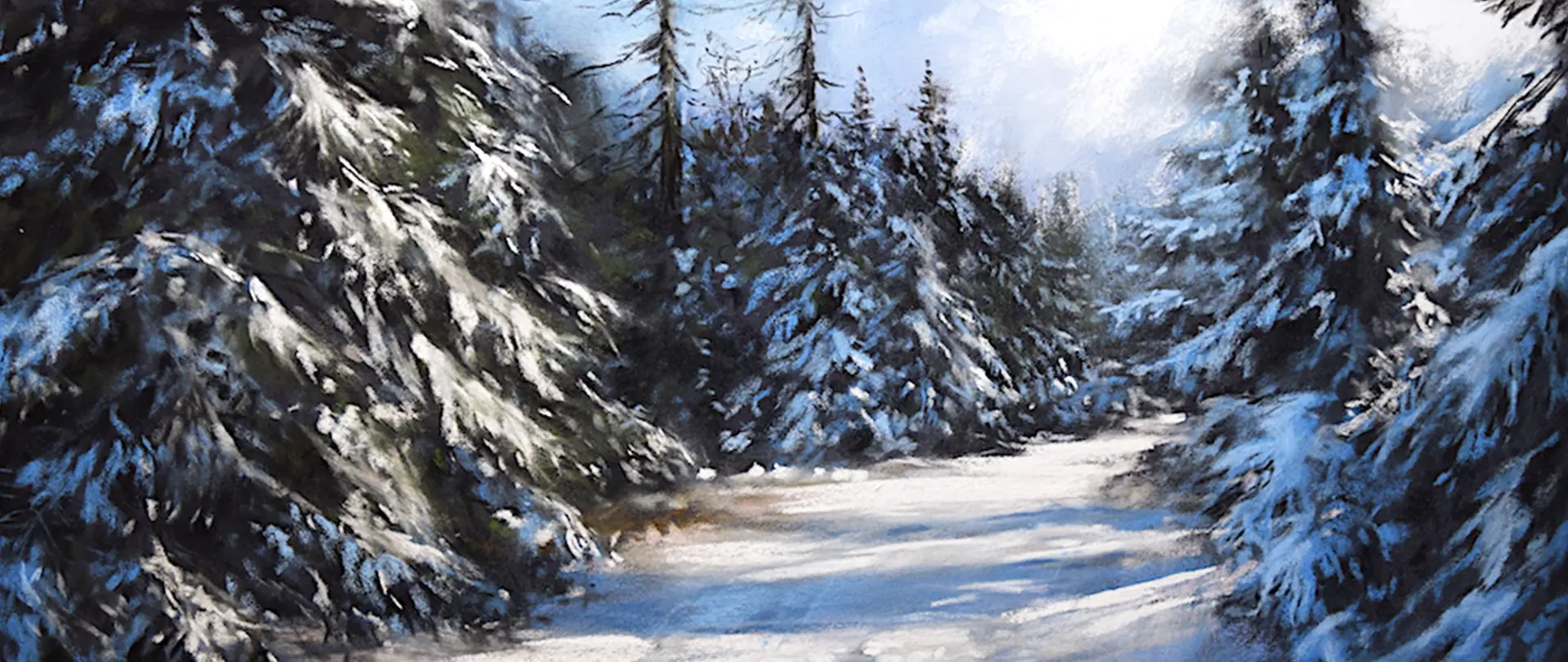 Winterlicher Waldweg mit schneebedeckten Tannen und blauem Himmel, ideal für entspannte Spaziergänge nach der Arbeit